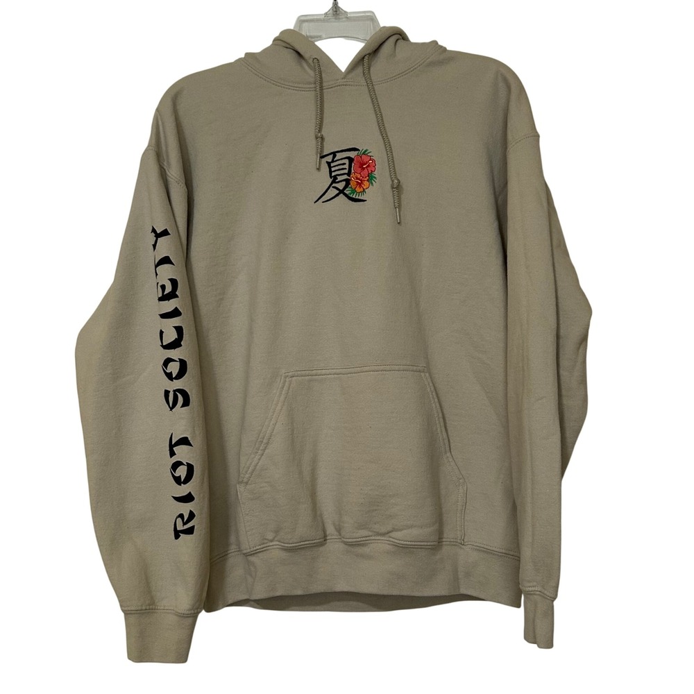 Riot Society Hoodie Men's Medium– Summer Kanji, Hibiscus, Beige, Made‎ in USA